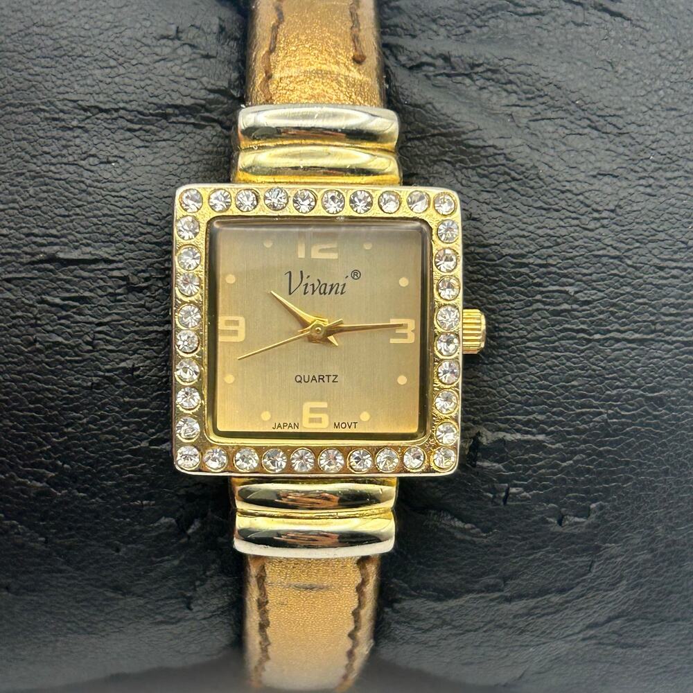 Vivani Gold-tone Square Dial Crystal Bezel Cuff Watch Working New Battery